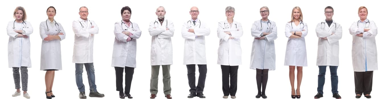 group of doctors in full length isolated on white background