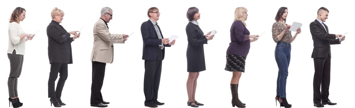 group of people holding tablet and looking ahead isolated on white background