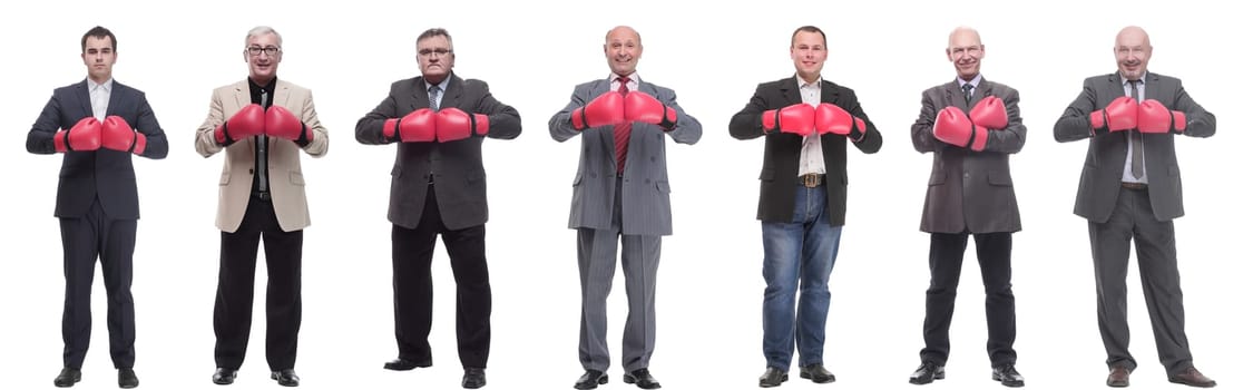 collage of businessmen in boxing gloves isolated on white background