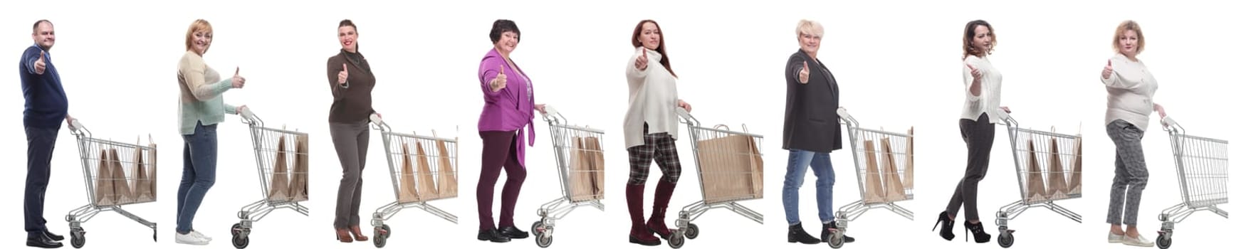 a group of people in profile with a basket showing thumbs up on a white background