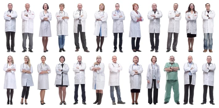 group of doctors in full length isolated on white background