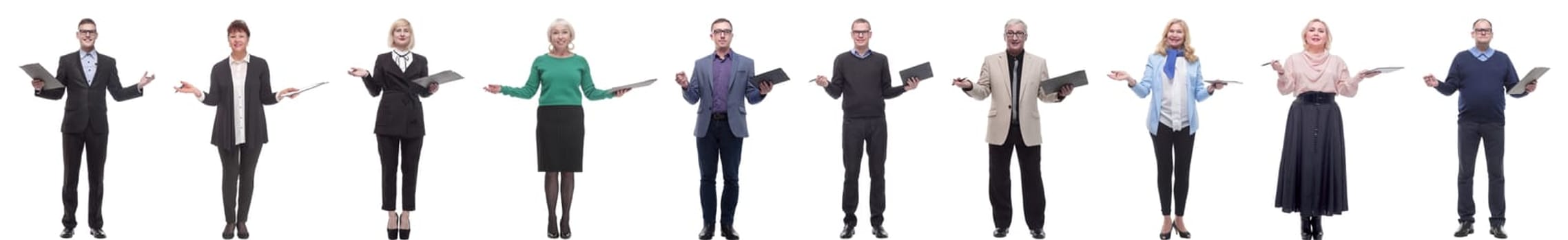 group of successful people with notepad in hands isolated on white background