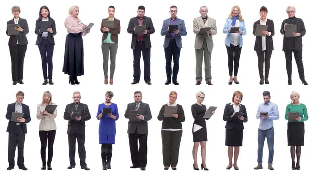 group of successful people with notepad in hands isolated on white background