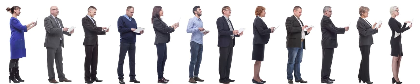 group of people holding tablet and looking ahead isolated on white background