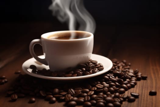 smoke coffee mug close taste espresso shop vintage wood brown breakfast grain morning cup bean cafe latte copy aroma drink. Generative AI.