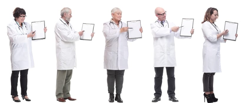 full length group of doctors with notepad isolated on white background