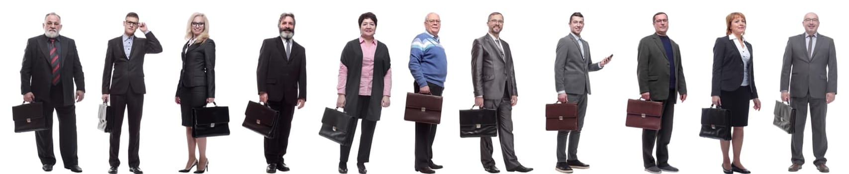 collage, group of businessmen with briefcase isolated on white background