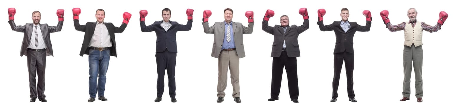 collage of businessmen in boxing gloves isolated on white background