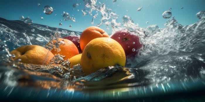 fresh grape health juicy healthy orange vitamin background strawberry water drop kiwi natural space apple green copy liquid fruit agriculture splashing food. Generative AI.