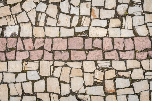 A road paved with stones, a green grass between stones on the sidewalk.