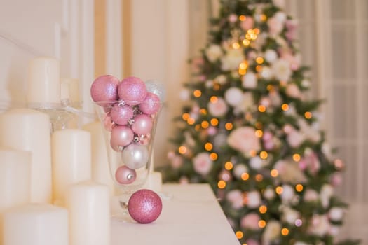 Christmas Tree Interior, Xmas Fireplace in Pink Decorated Indoors, Fantasy Room