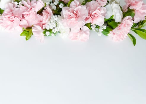 Close up photo of a bouquet of pink and white carnations isolated on a white background. With empty space for text or inscription. For postcard, advertisement or website.