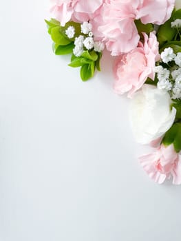 Pink floral. assorted pink flowers border on white background. with empty space for inscription or text