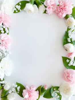 Pink floral. assorted pink flowers border on white background. with empty space for inscription or text