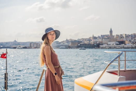 Portrait of beautiful woman tourist with view of Galata tower in Beyoglu, Istanbul, Turkey. Turkiye.