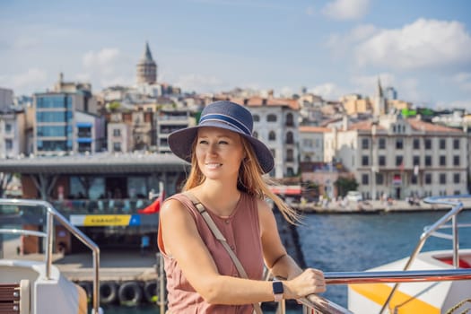 Happy woman enjoying the sea from ferry boat crossing Bosphorus in Istanbul. Summer trip to Istanbul.