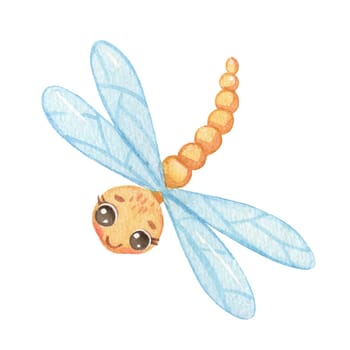 Cute smiling character dragonfly isolated on white background. Funny insect for children. Watercolor cartoon illustration