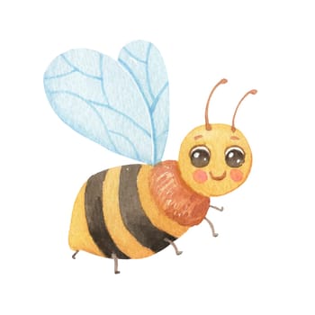 Cute smiling character bee isolated on white background. Funny insect for children. Watercolor cartoon illustration