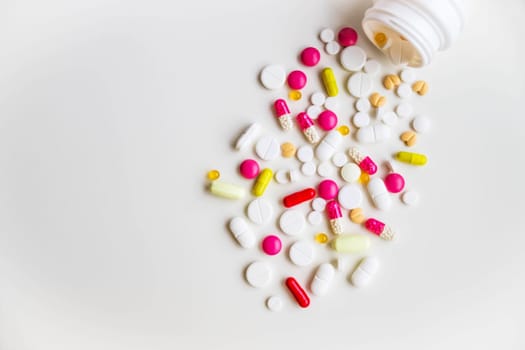 medical capsules. Pharmaceutical medicament. Antibiotic painkiller or narcotic.Many different colorful pills. Drugstore set. Selective focus.