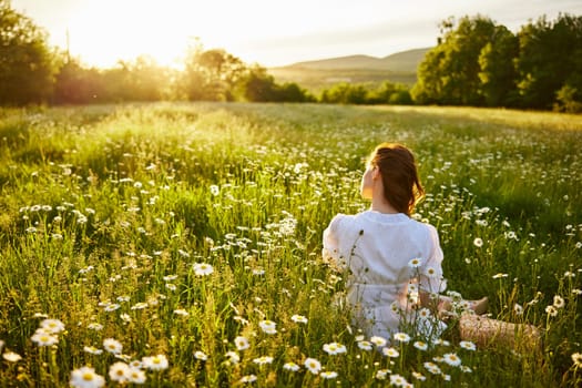 a red-haired woman in a light dress sits in a chamomile field at sunset and admires the passing day. High quality photo