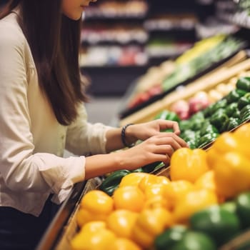 brunette woman shop person food lady vegetable consumer female grocery shelf happy fruit lifestyle store local organic basket shopping healthy market. Generative AI.