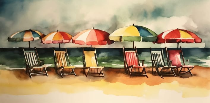 umbrella chair rest vacation water summer sea watercolor exotic relax sunny blue hot beach lounge resort travel tree background shore lounger. Generative AI.