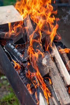 The firewood in the grill burns with a bright orange flame. Preparation for cooking meat on the grill in nature. Fire flames and smoke