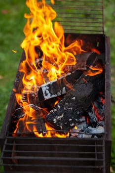 The firewood in the grill burns with a bright orange flame. Preparation for cooking meat on the grill in nature. Fire flames and smoke