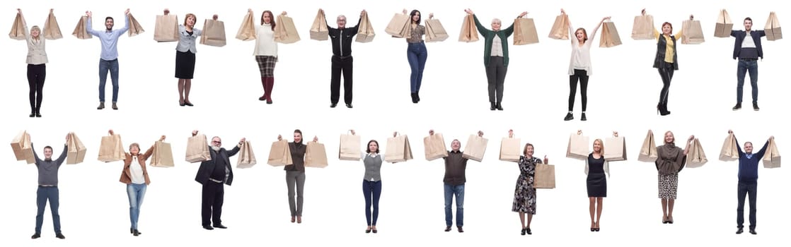 collage of shoppers holding shopping bags high