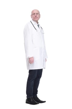 side view.a serious doctor with a stethoscope looking at you . isolated on a white background.