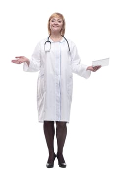 full-length. Mature woman doctor with a digital tablet . isolated on a white background.