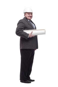 in full growth.business man with drawings for a new project. isolated on a white background.