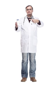 in full growth.qualified doctor with sanitizer in hand. isolated on a white background.