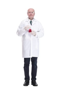 in full growth. medical researcher with a laboratory flask. isolated on a white background.