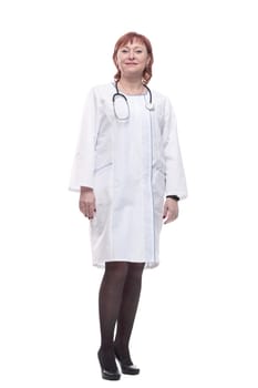 in full growth. successful female doctor with a stethoscope. isolated on a white background.