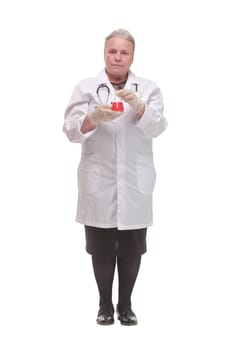 Front view of mature scientist or doctor are testing bloods to prevent and destroy new strains of the virus through tube and beaker. Successful concept