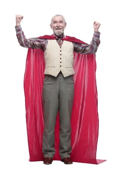 confident older man in a superhero Cape. isolated on a white background.