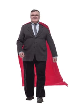 in full growth. business man in a superhero raincoat. isolated on a white background.