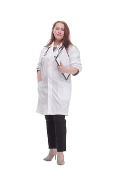 full-length. mature female doctor with clipboard. isolated on a white background.