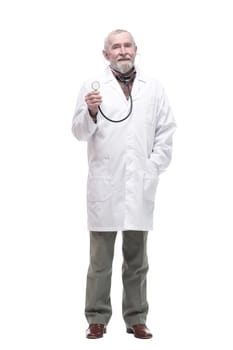 elderly competent doctor with a stethoscope in his hands. isolated on a white background.