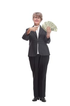 A smiling woman holding dollars with thumb up sign, isolated on white background