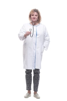 senior female doctor with a stethoscope in her hands. isolated on a white background.