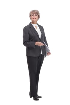 Senior happy businesswoman with financial documents. isolated on white background