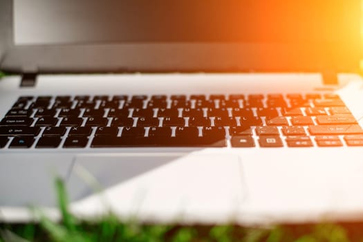 Laptop with blank screen on green lawn. Copy space. Sun flare