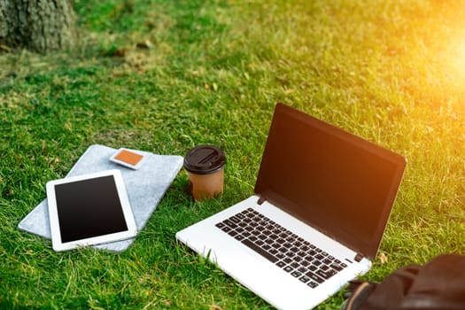 Laptop computer on green grass with coffee cup, bag and tablet in outdoor park. Copy space. Still life. Sun flare