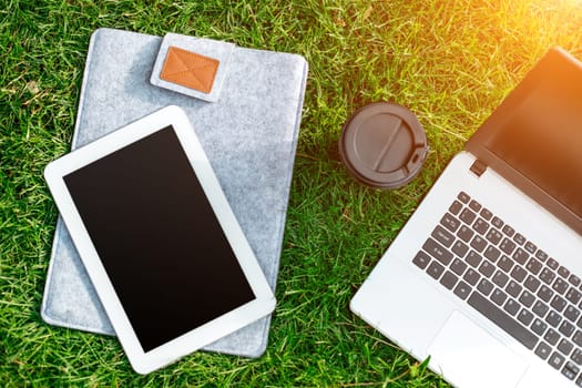 Laptop computer on green grass with coffee cup and tablet in outdoor park. Copy space. Still life. Sun flare