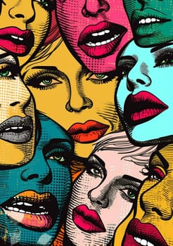 woman pop abstract closeup punk kiss sexy lips face art lipstick illustration love female template modern poster cartoon teeth mouth. Generative AI.