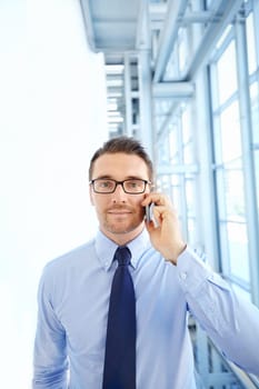 Corporate, portrait or businessman for phone call for communication, networking or contact in office building. Airport, travel or manager with smartphone for discussion, schedule or conversation.