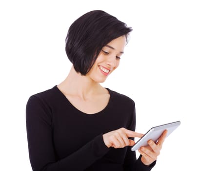 Happy, tablet and woman update social media using internet or online isolated in a studio white background with a smile. Excited, connection and female person typing email or search a website or web.