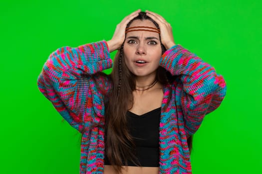 Young woman feeling hopelessness loneliness, nervous breakdown, loses becoming surprised by lottery results, bad fortune, loss unlucky news. Girl isolated on studio chroma key background, green screen